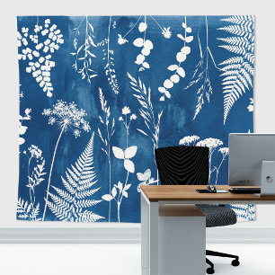Preußisch Indigo Blau Cyanotyp Farn Botanische Kun Wandteppich