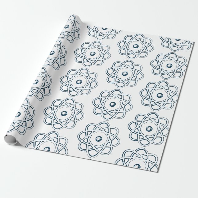 Preußisches Blau auf weißen Atom-Symbolen Geschenkpapier (Ungerollt)