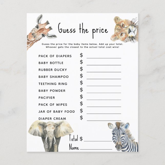 Price Guess Game - Safari Baby Dusche Aktivität (Vorderseite)