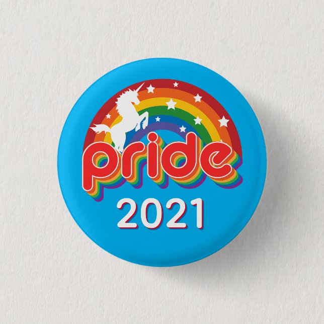 Pride 2022 LGTBQ+ mit Retro-Regenbogen und Einhorn Button (Vorderseite)