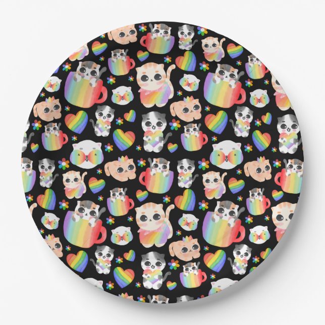 Pride cat and rainbow hearts seamless pattern pappteller (Vorderseite)