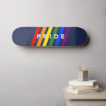 PRIDE Diagonal LGBT Rainbow Stripes on Navy Blue Skateboard<br><div class="desc">Feiern Sie den LGBTQ Pride mit diagonalen Regenbogenstreifen mit dem Wort PRIDE in fett weißer Typografie zwischen den bunten Streifen und teilweise überlappend auf marinebaublauem Hintergrund. Rote, orangefarbene, gelbe, grüne, blaue und violette Linien gehen von verlassen nach rechts. Klicken Sie auf die Kollektion "Rocklawn Arts", um das moderne Gay Pride-Design...</div>
