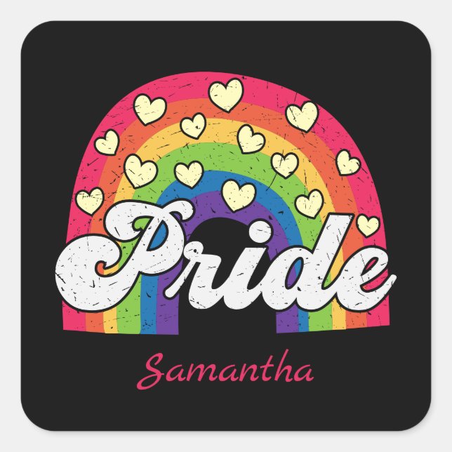 Pride Rainbow and Hearts | LGBTQ Quadratischer Aufkleber (Vorderseite)