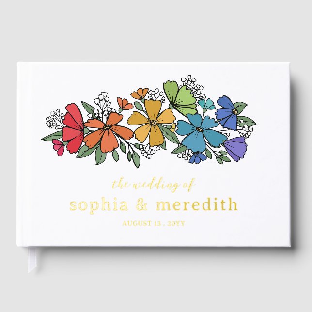 Pride Rainbow Blume Gold LGBTQ Hochzeit Gästebuch (Vorderseite)