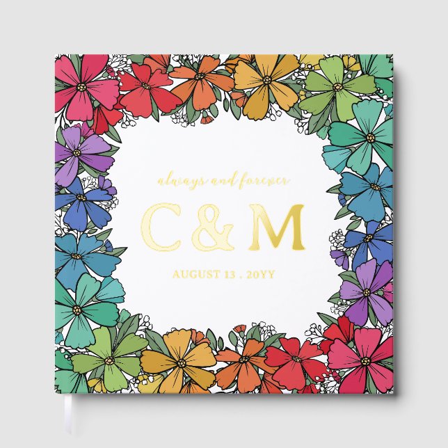 Pride Rainbow Floral Wreath Gold LGBTQ Hochzeit Gästebuch (Vorderseite)