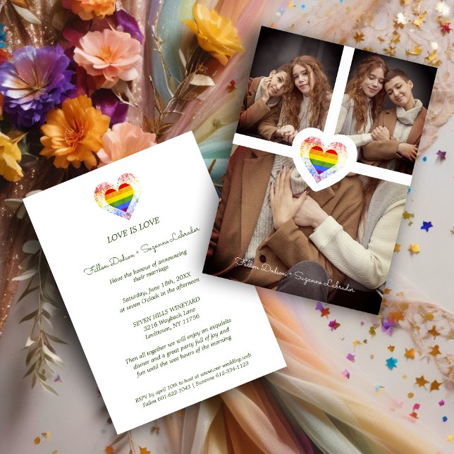 Pride Rainbow Heart Lesbian Gay Wedding 3 Fotos Einladung (Pride Rainbow Heart Lesbian Gay Wedding 3 Photos Invitation Card.)