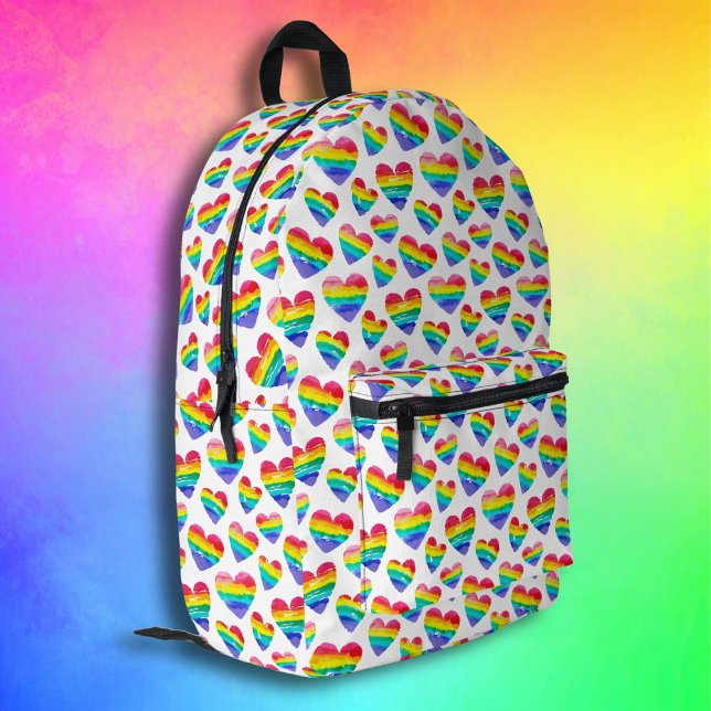 Pride Rainbow Striped Hearts White Bedruckter Rucksack (Von Creator hochgeladen)