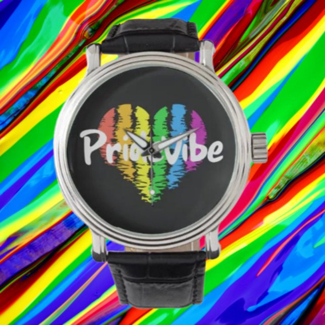 PrideVibe Herzlogo Schwarze Lederstrebe Armbanduhr (Von Creator hochgeladen)