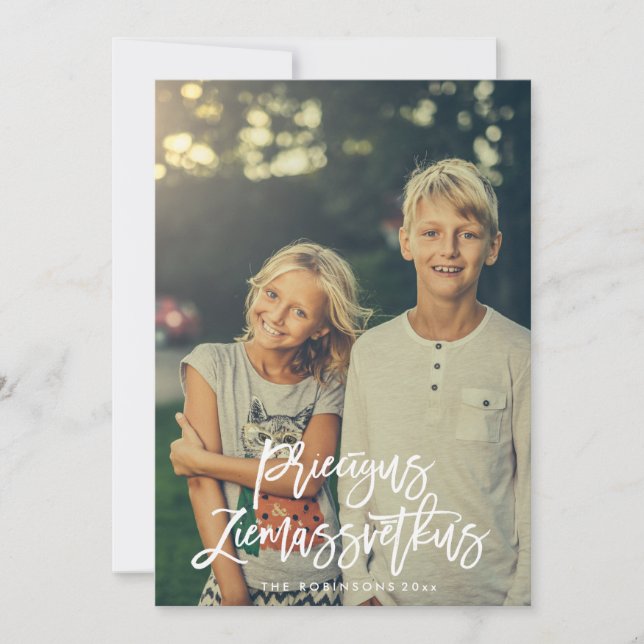 Priecigus Ziemassvetkus Script Foto Gruß Karte (Vorderseite)