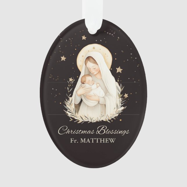 Priest Christmas Blessings Madonna Child Black Ornament (Vorderseite)