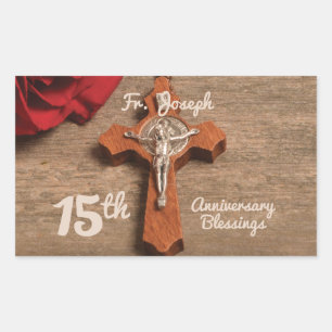 Priester 15. Ordination Jubiläum Rose und Rosary Rechteckiger Aufkleber
