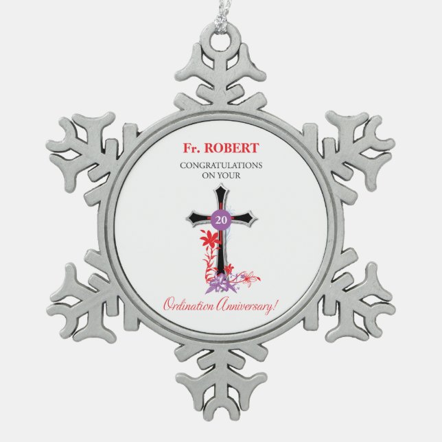 Priester 20. Ordination Jubiläum Schwarzes Kreuz Schneeflocken Zinn-Ornament (Vorderseite)