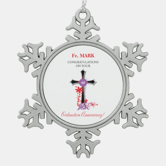 Priester 40. Ordination Jahrestag Schwarzes Kreuz Schneeflocken Zinn-Ornament (Vorderseite)