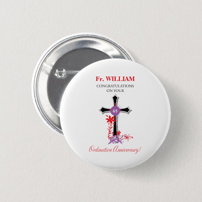 Priester 65. Ordination Jahrestag Schwarzes Kreuz Button (Vorne & Hinten)
