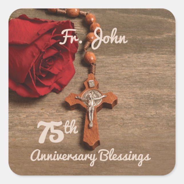 Priester 75. Ordination Jubiläum Rose und Rosary Quadratischer Aufkleber (Vorderseite)