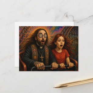 Priester und ein Mädchen fahren Achterbahn Postkarte