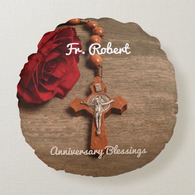 Priesterordnung Rote Rose und Rosary Rundes Kissen (Vorderseite)