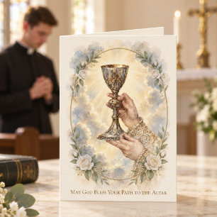 Priesterseminarist Ermutigung Priester hält Kelch Feiertagskarte