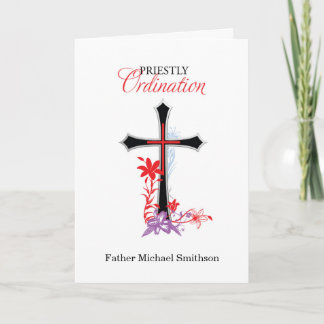 Priesterweihe Schwarzes Kreuz mit roten Schwüngen Karte