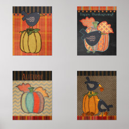 Prim Pumpkins und Crow Erntedank Fall Folklorekuns Bilderwand Sets