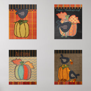 Prim Pumpkins und Crow Erntedank Fall Folklorekuns Bilderwand Sets