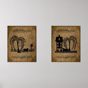 Prim Saltbox House Willow Trees and Sheep Bilderwand Sets