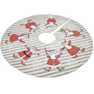 Prim Santas on Gray Stripe Holiday Tree Skirt Polyester Weihnachtsbaumdecke