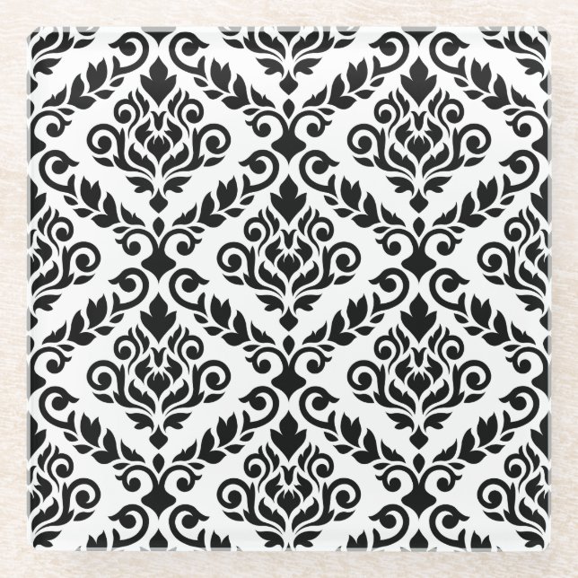 Prima Damask Muster Black auf Weiß Glasuntersetzer (Vorderseite)