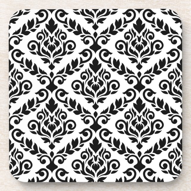 Prima Damask Muster Black auf Weiß Untersetzer (Vorderseite)