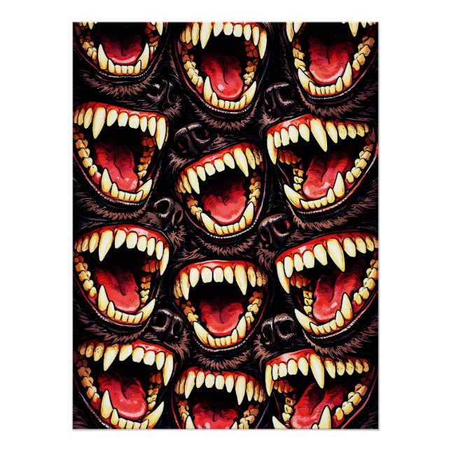 Primal Wolf Pack Snarling Fangs Horror Pop Art Poster (Vorderseite)
