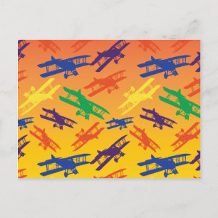 Primärfarben Vintage-Doppeldecker-Flugzeugmuster Postkarte
