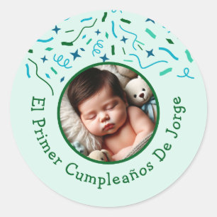 Primer Cumpleaños de Bebé Fiesta Infantil Con Foto Runder Aufkleber