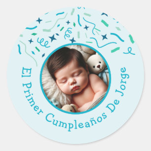 Primer Cumpleaños de Bebé Fiesta Infantil Con Foto Runder Aufkleber