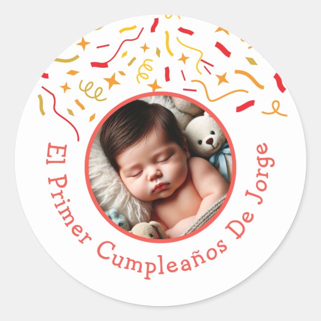 Primer Cumpleaños de Bebé Fiesta Infantil Con Foto Runder Aufkleber (Vorderseite)