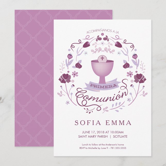 Primera Comunión Invitación - Spanisch, Mädchen Einladung (Vorne/Hinten)