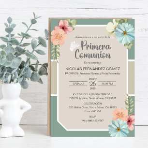 Primera Comunion Niedlich Rosa Blume Erste Kommune Einladung