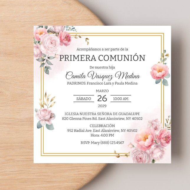 Primera Comunion Pink Roses Erste Heilige Kommune Einladung (Von Creator hochgeladen)