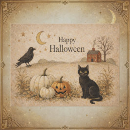 Primitive Black Cat Folk Art Halloween Feiertagspostkarte