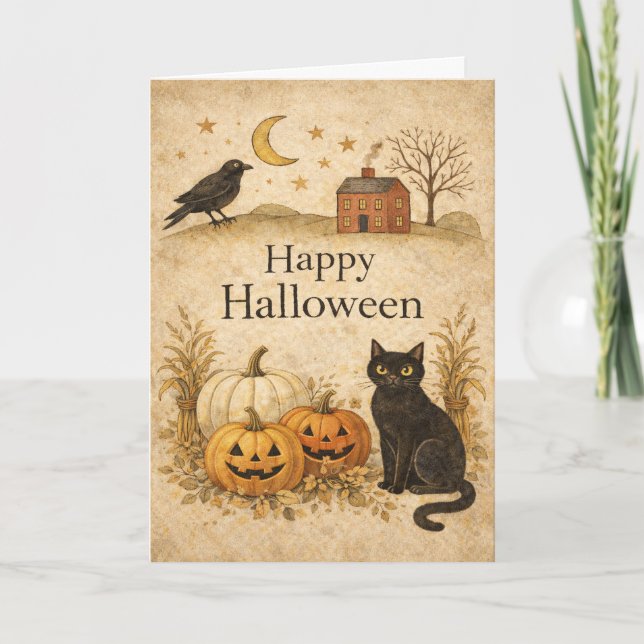 Primitive Black Cat Folk Art Halloween Karte (Vorderseite)