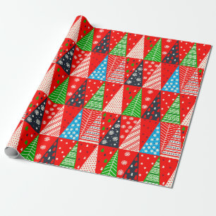 Primitive bunte Weihnachtsbäume und Schneeflocken Geschenkpapier
