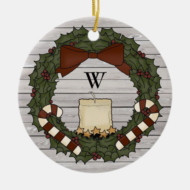 Primitive Country Farmhouse Holly Monogram Wreath Keramik Ornament (Vorne)