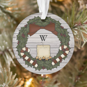 Primitive Country Farmhouse Holly Monogram Wreath Ornament