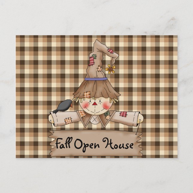Primitive Country Scarecrow Fall Open House Card Postkarte (Vorderseite)