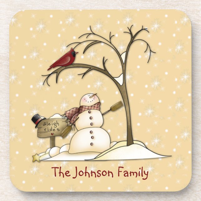 Primitive Country Snowman Red Bird Cork Untersetze Untersetzer (Vorderseite)