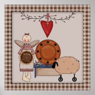 Primitive Country Sunflower Sheep & Angel Dekorati Poster