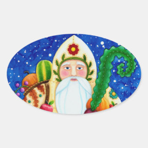 PRIMITIVE FOLKART BALTIMORE QUILT VATER CHRISTMAS OVALER AUFKLEBER