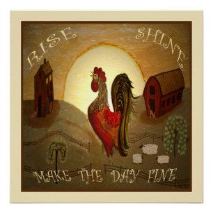 Primitive Folklorekunst Rise und Shine Farm Runder Poster
