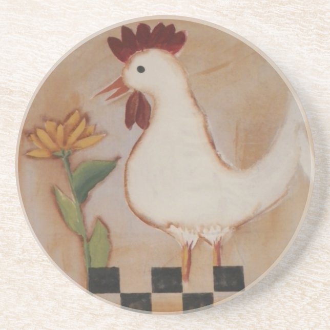 Primitive Hühner- und Blume-Malerei Sandstein Untersetzer (Vorne)