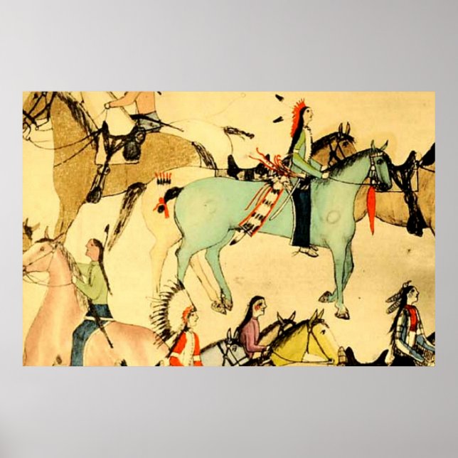 Primitive Indianer Pferde Vintage Folk Art Zeichnu Poster (Vorne)