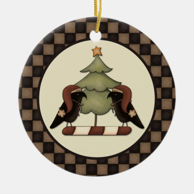 Primitive Krähen und Bäume von unserem Haus bis zu Keramik Ornament (Vorne)